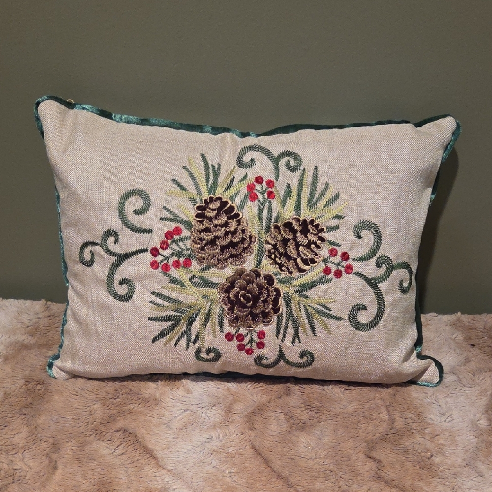 Elegant Holiday Pillow with Pinecone Embroidery